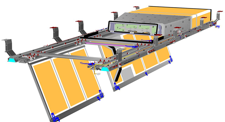 CAD package view of a high-speed-train ceiling module showing mechanical, electrical and interior interfaces